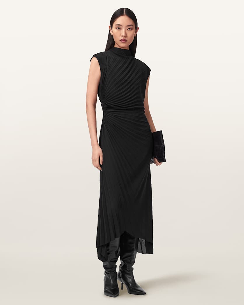 Rayanna Pleated Midi Dress Black | ALLSAINTS Canada